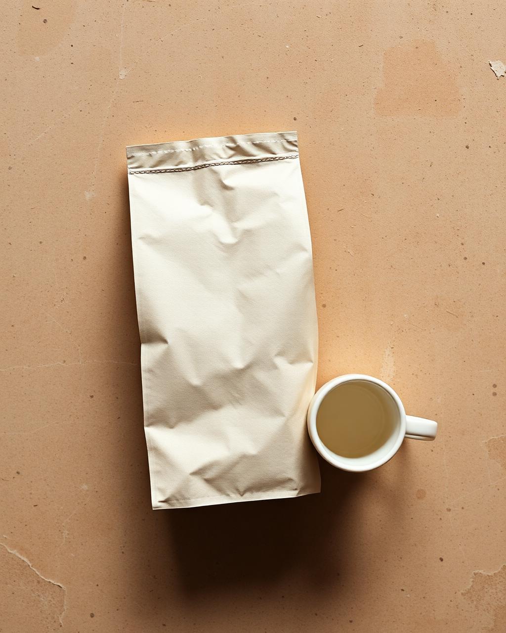 Artisan coffee bag and ceramic mug on a limestone surface